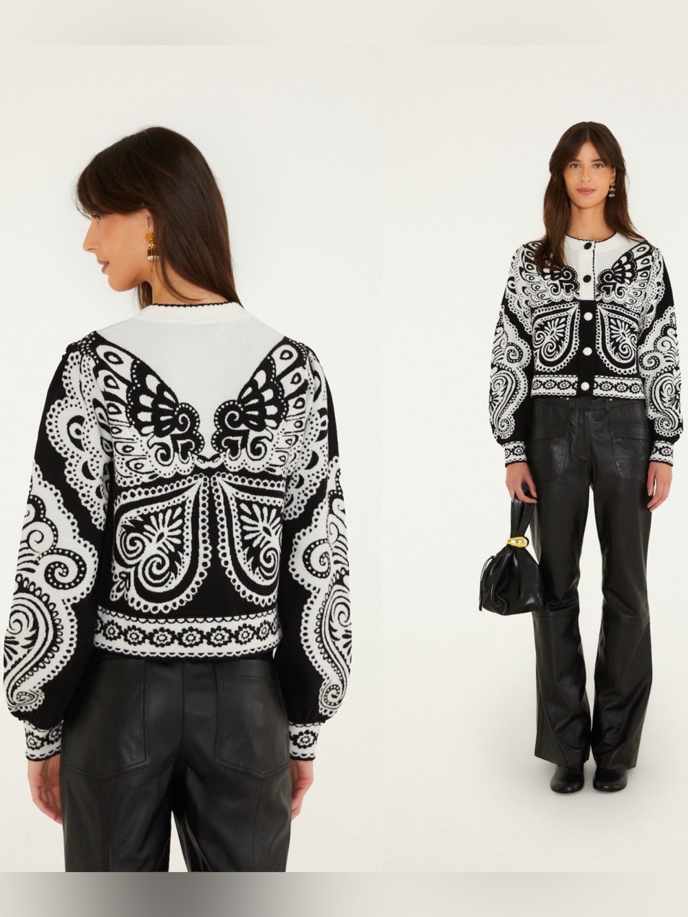 Farm Rio Arabesque Butterlfy Black & White Paisley Knit Cardigan